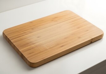 Sustainable kitchen preparation: A simple bamboo cutting board awaits culinary creation on a clean white surface
