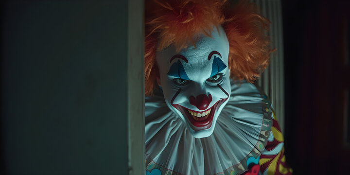 Creepy clown with crazy smile on his face suddenly appears around the corner in darkroom. Terrible clown with a colorful makeup in a festive costume. Shooting in slow motion