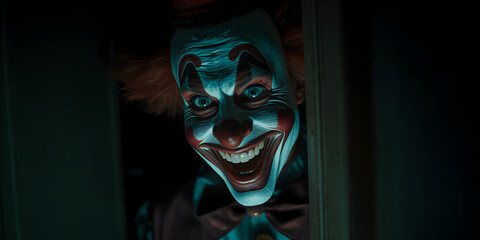 Creepy clown with crazy smile on his face suddenly appears around the corner in darkroom. Terrible clown with a colorful makeup in a festive costume. Shooting in slow motion