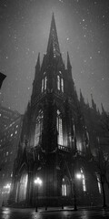 Obraz premium Gothic cathedral at night, shrouded in mist