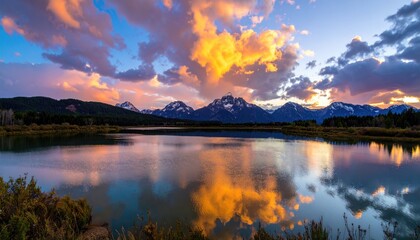 Golden sunset over a tranquil lake, reflecting mountains