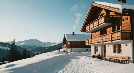 Snowy mountain chalet village, with wooden houses and a snow-covered path