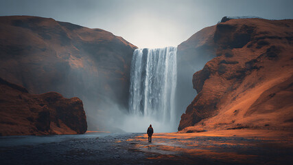A lone hiker stands before the powerful waterfall in Iceland's rugged terrain.