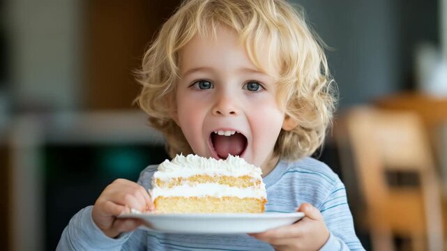 Joyful child smiles while holding a slice of cake in a bright kitchen setting during a birthday celebration