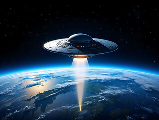 A classic silver flying saucer ufo hovers above planet earth, emitting a bright beam of light into the atmosphere