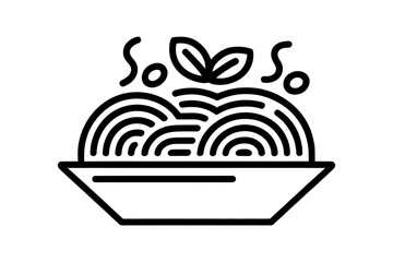 Illustration of a steaming bowl of spaghetti with basil leaves on top in black outline
