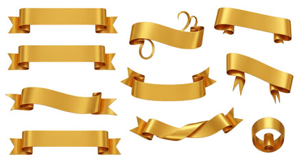 Collection Of Golden Ribbons And Banners award celebration isolated on a transparent background