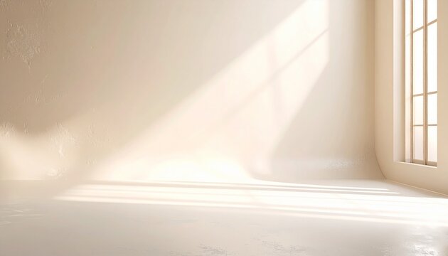 Sunlit empty room with angular window shadows on smooth light walls and floor.