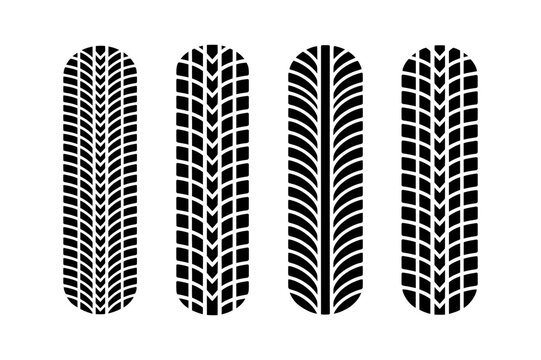 Four vertical tire tracks with different tread patterns displayed in a simple black and white style