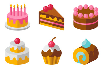 Cake and sweet dessert illustration with pastry design, cupcake and chocolate graphics, birthday celebration and tasty food art, confectionery vector set