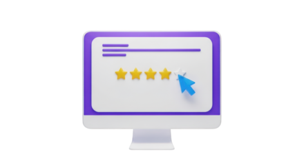 Computer screen displaying star rating with cursor clicking fifth star stars five stars isolated on a transparent background