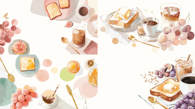 Elegant watercolor illustration of breakfast table with toast, grapes, coffee, and desserts, symbolizing cozy morning lifestyle and food styling.