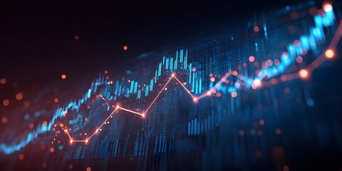 Stylized stock market graph on a blue background with a glowing candlestick chart and an upward trend line for a financial or business concept design.