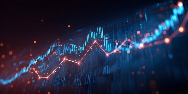 Stylized stock market graph on a blue background with a glowing candlestick chart and an upward trend line for a financial or business concept design.