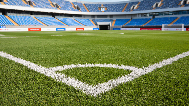 Close-up view of football field corner line with blurred stadium background, futball competition concept with green grass and white markings in professional stadium
