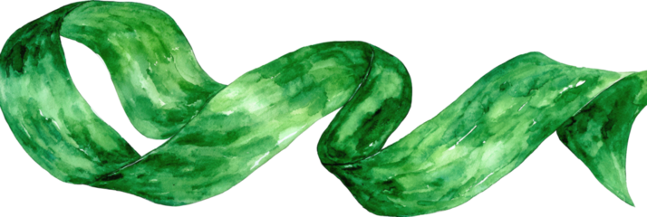 A vibrant green ribbon, intricately curled and painted with a watercolor effect