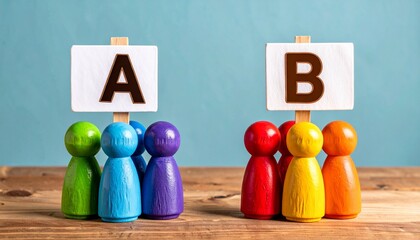 Colorful wooden figurines grouped under signs “A” and “B” on blue background.