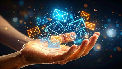 Hand reaching toward floating email icons and “@” symbols in glowing digital space.