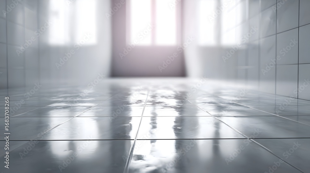 Aufkleber clean and shiny tiled floor in a bright empty room with soft reflections from distant creating a ser