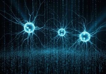 Abstract neural network with glowing neurons and binary code background