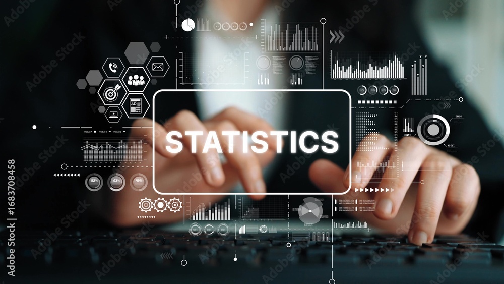 Fototapete data analytics and statistics visualization with hands typing on keyboard in modern office environme