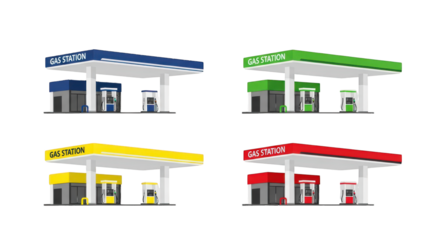 Four colorful gas station buildings with different colored roofs and accents petrol station isolated on a transparent background