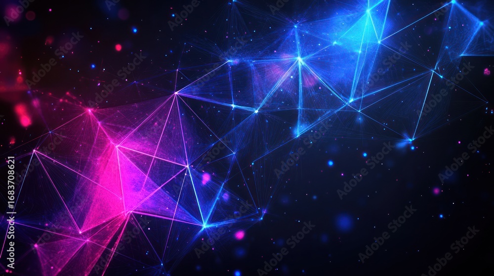 Poster abstract network of glowing pink and blue lines and nodes on a dark background, resembling a constel