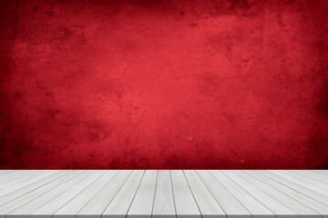 Wood table and red wall background, Wooden shelf, counter for food and kitchen product display montage backdrop, Tabletop, desk surface banner, mockup, template presentation background, wallpaper