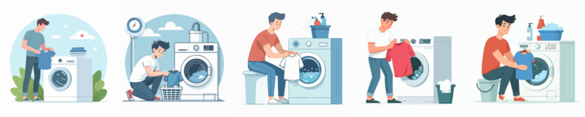 vector of a man washing in a washing machine