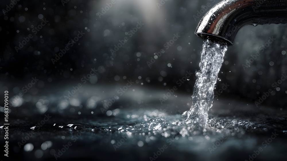 Poster sparkling clean water flows dynamically from a modern chrome faucet splashing onto a dark surface sy