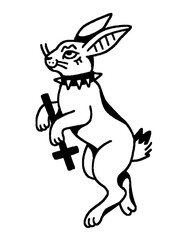 A rebellious and edgy rabbit holding an inverted cross with a spiked collar