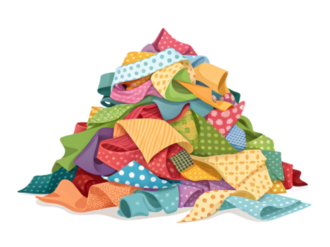 Colorful Fabric Scraps Pile Multicolored Textile Pieces Assorted Patterns and Textures Bright Cotton Cloth Remnants isolated on a transparent background