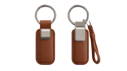 Two tan leather keychains,  metal rings and clasps