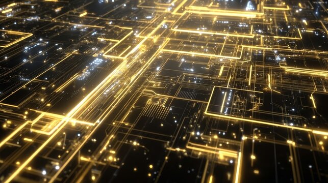 An intricate digital gold circuit board with glowing horizontal lines running parallel across its surface,