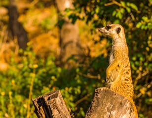 Meerkat perched on a log, alert and watchful