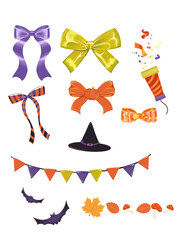 Halloween autumn elements set with coquette bow Halloween style, witch hat, fall leaves, bats, confetti, popper suit for seasonal advertising, banners, social media, prints.