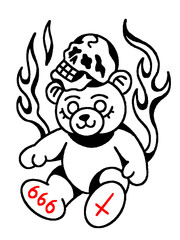 Dark teddy bear with a skull, flames, and occult symbols in tattoo style
