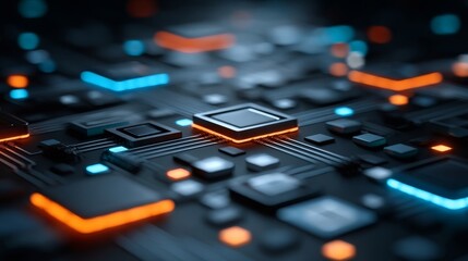Fototapeta premium Close-up of an electronic circuit board with resistors, capacitors, ICs, transistors,