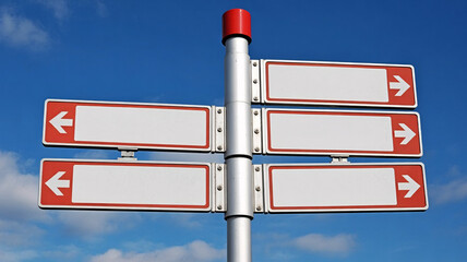 Direction signpost with blank signs pointing different ways against blue sky, ready for your text