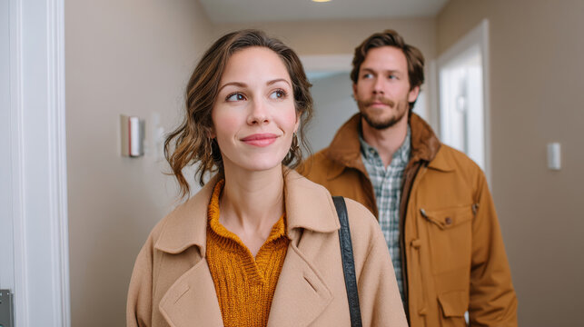 Young couple exploring new apartment together while moving into a home - Powered by Adobe