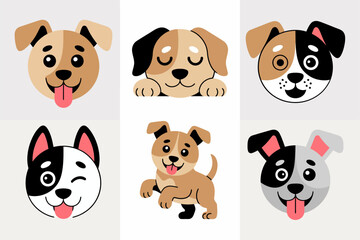Cartoon dog head illustration with cute pet design, puppy face and friendly graphics, domestic animal and adorable art, playful vector set