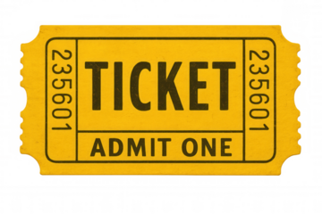 Yellow ticket numbered 235601, displaying admit one text, floating against transparent backdrop