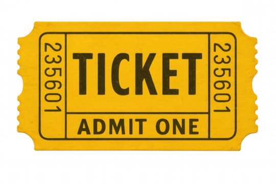 Yellow ticket numbered 235601, displaying admit one text, floating against transparent backdrop