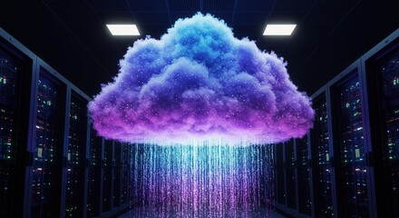 A colorful cloud above server racks in a dark data center gourmet, delicious, cuisine, food photography, background