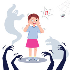 Vector illustration of a scared girl. Cartoon scene of a girl with pigtails, touching her face with her hands, feeling fear, scary ghosts, clawed hands, spider web isolated on white background.