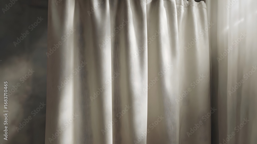 Poster light beige fabric curtain with soft folds and subtle texture illuminated by gentle light creating a