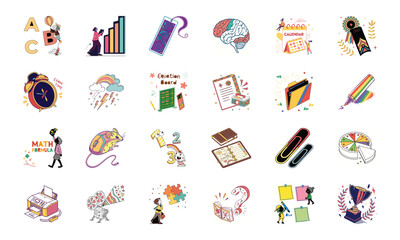 Creative Education Icons Set with Learning Tools, Brain, Calendar, Equation Board, Stationery, Math, Puzzle, Notebook, Printer and Trophy