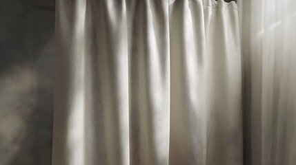 Light beige fabric curtain with soft folds and subtle texture illuminated by gentle light creating a calm and inviting domestic atmosphere