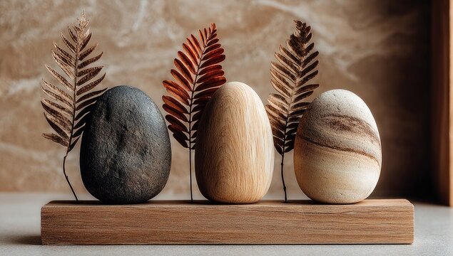 Wooden eggs & stones on a wooden stand, natural setting