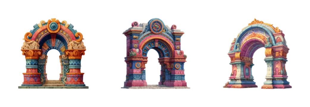 Colorful decorative archways artistic showcase urban PNG set, cut out, isolated on transparent background